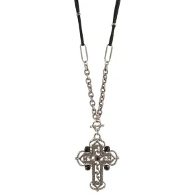 1928 Jewelry Black Bead Ornate Cross Pendant Necklace 30"