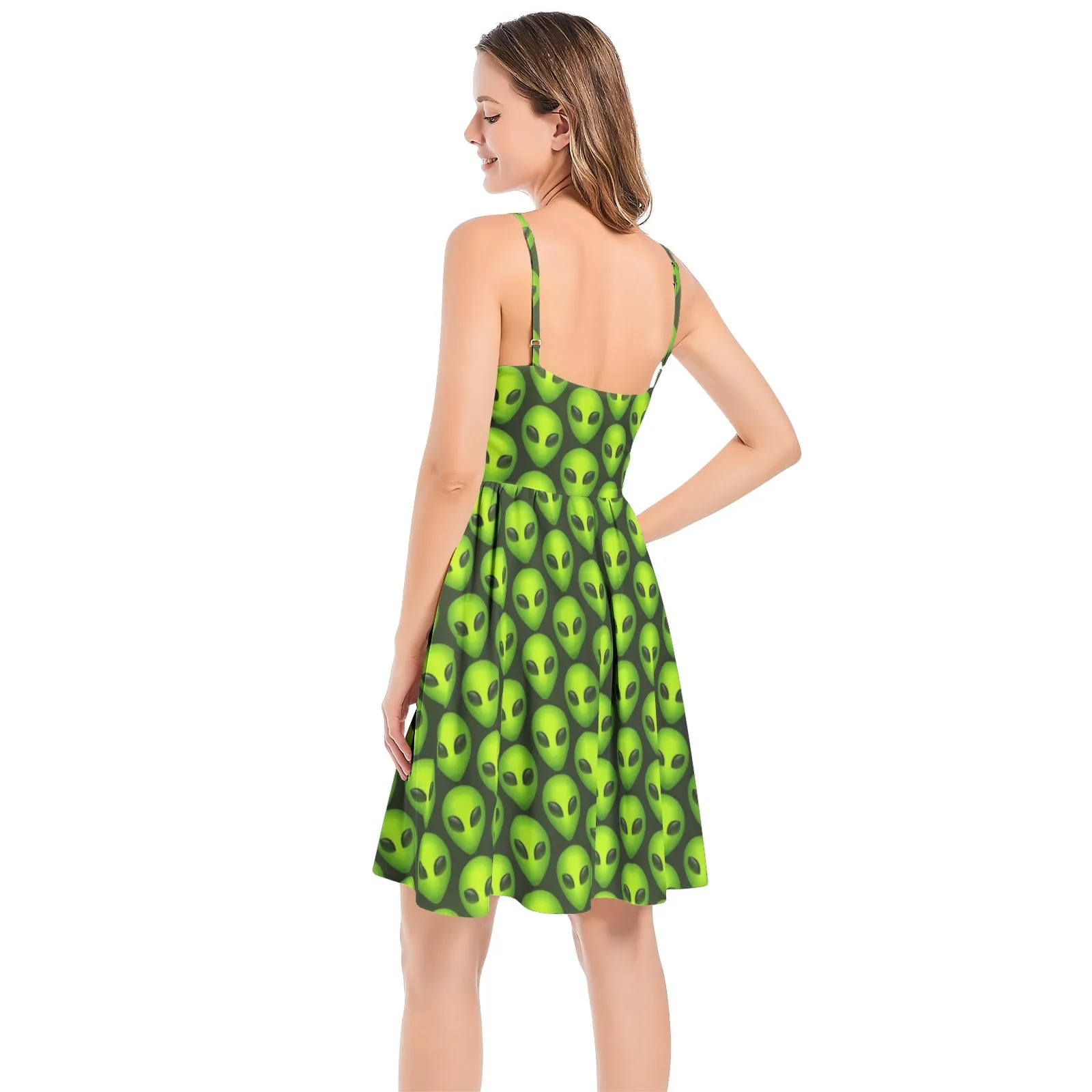 Alien Print Spaghetti Strap Sleeveless Summer Beach Dress