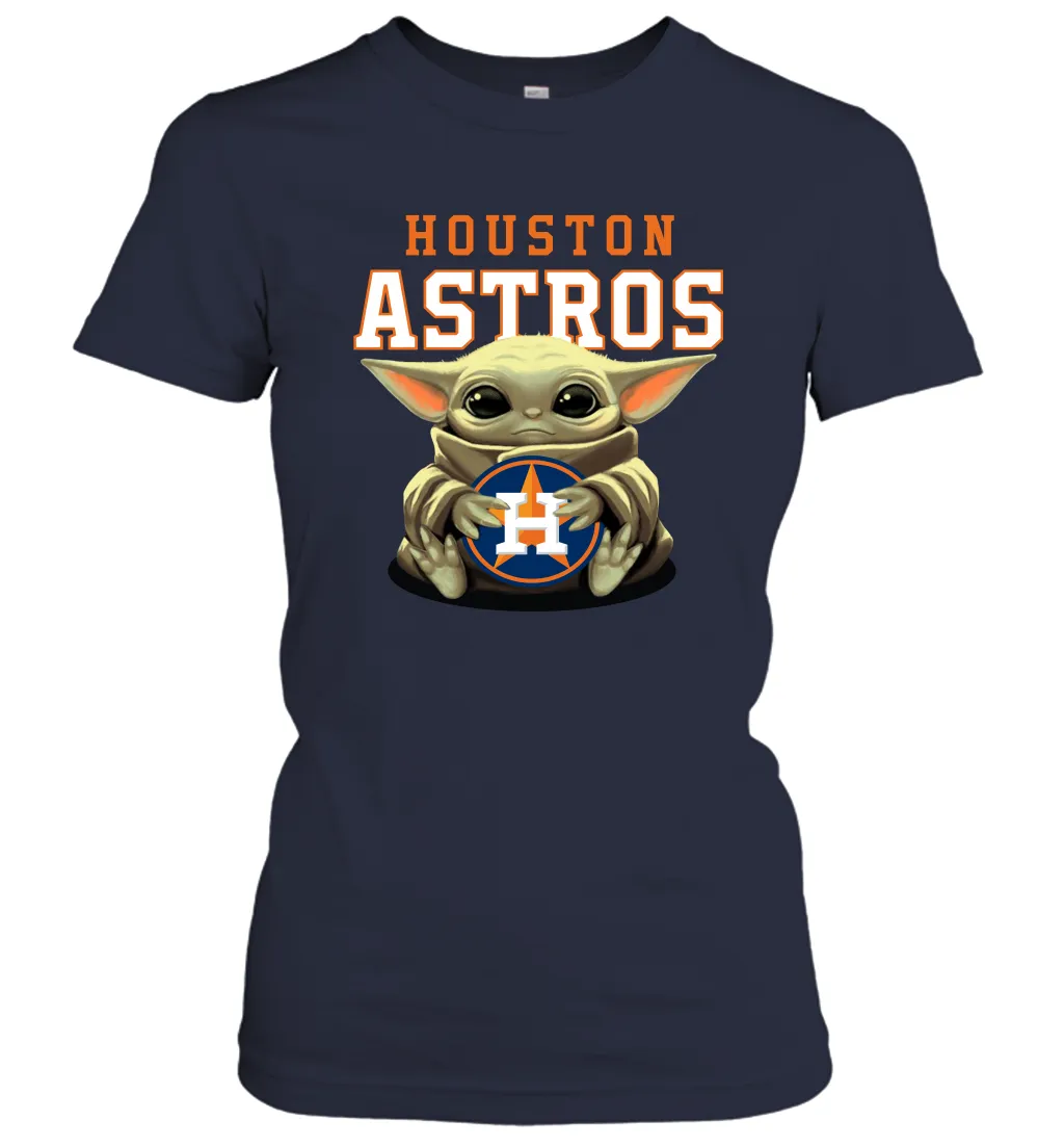 Baby Yoda Hugs Loves The Houston Astros Baseball Womens T-Shirt