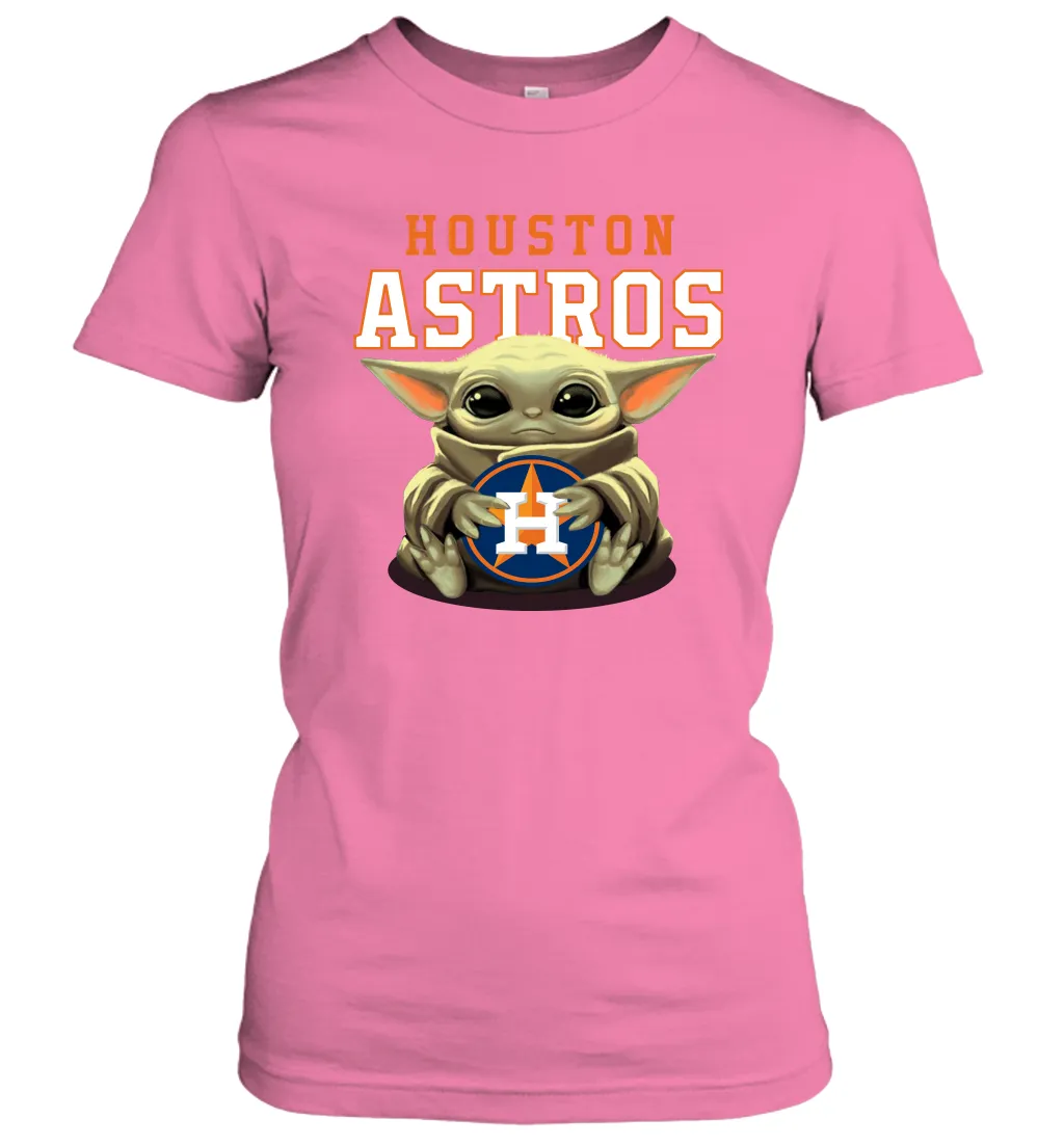 Baby Yoda Hugs Loves The Houston Astros Baseball Womens T-Shirt