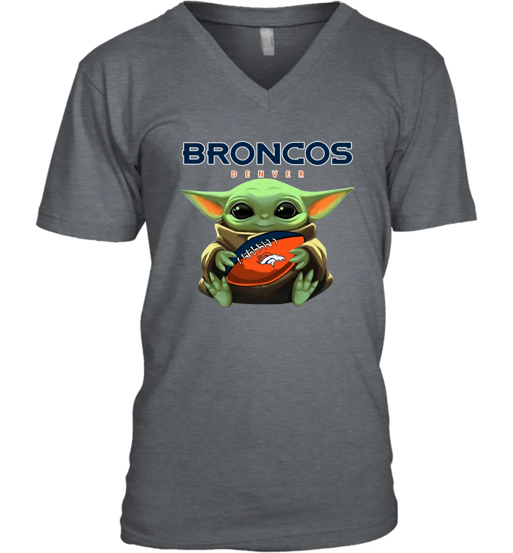 Baby Yoda Loves The Denver Broncos Star Wars Baby Yoda Hugs Broncos NFL Mens V-Neck T-Shirt