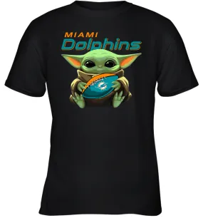 Baby Yoda Loves The Miami Dolphins Star Wars Baby Yoda Hugs Dolphins NFL Youth T-Shirt