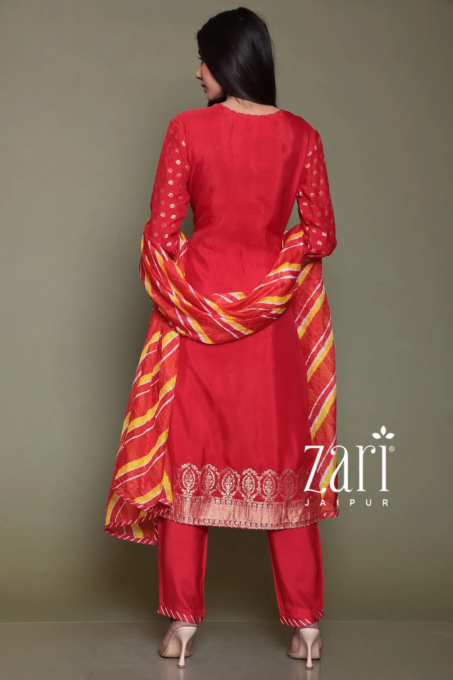 Banarasi Silk Suit with Aari, Gota Patti, Pearl, Zardozi work.