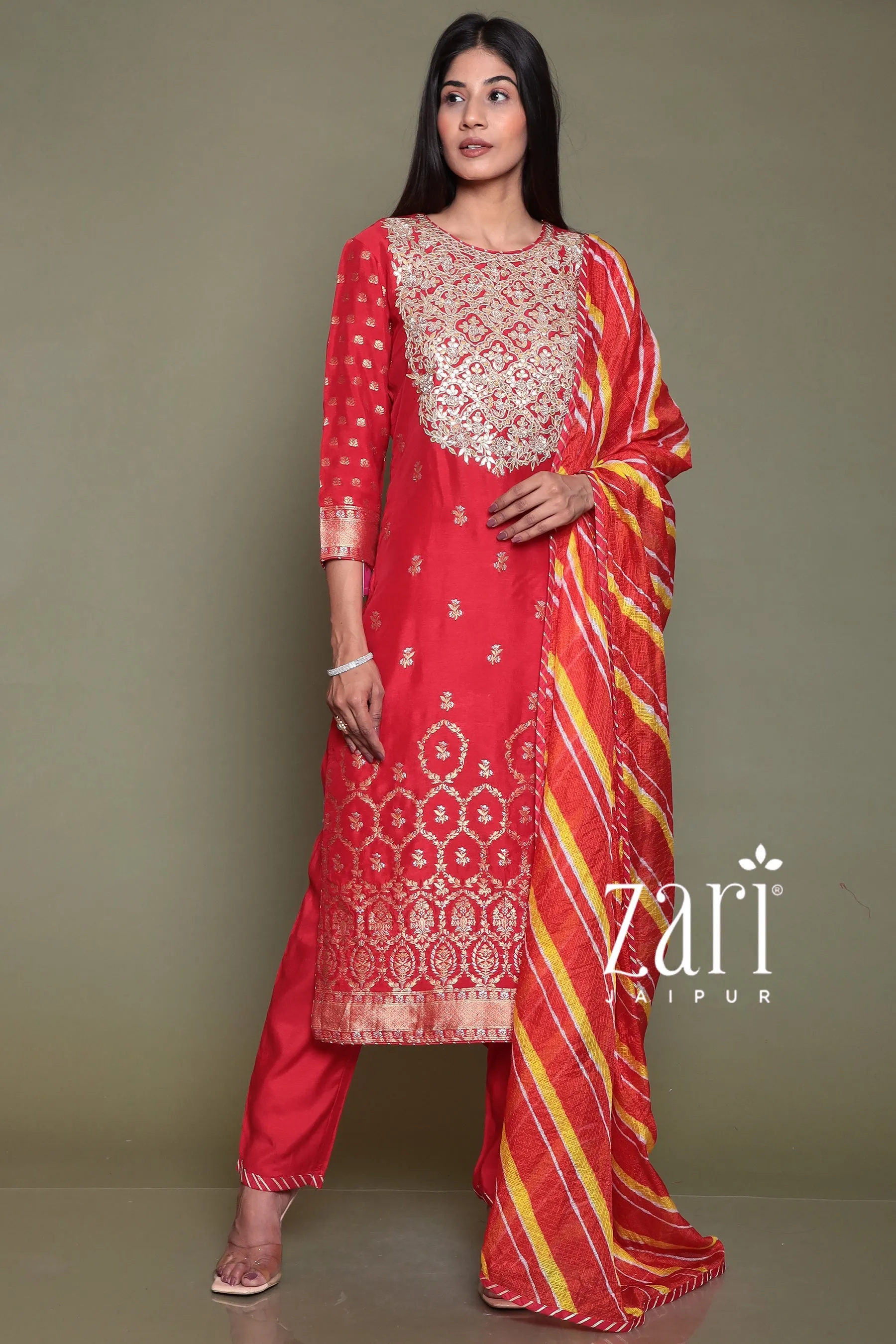 Banarasi Silk Suit with Aari, Gota Patti, Pearl, Zardozi work.