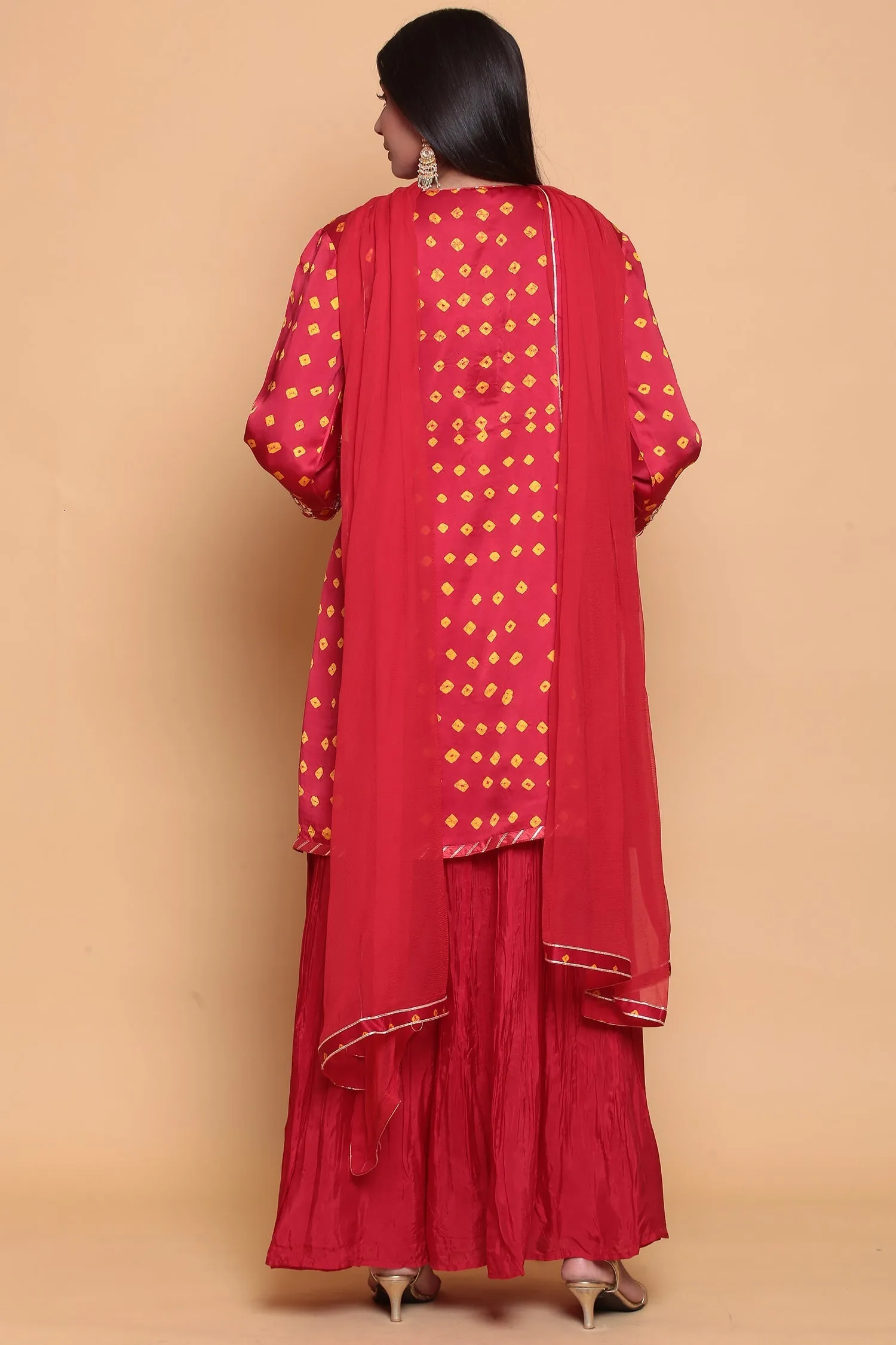 Bandhej Satin silk Suit  with Gota work.