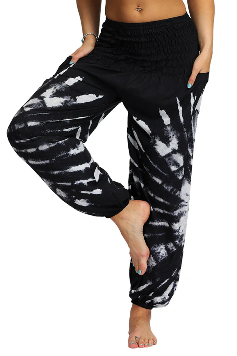 Black Boho Tie Dye Print Harem Pants