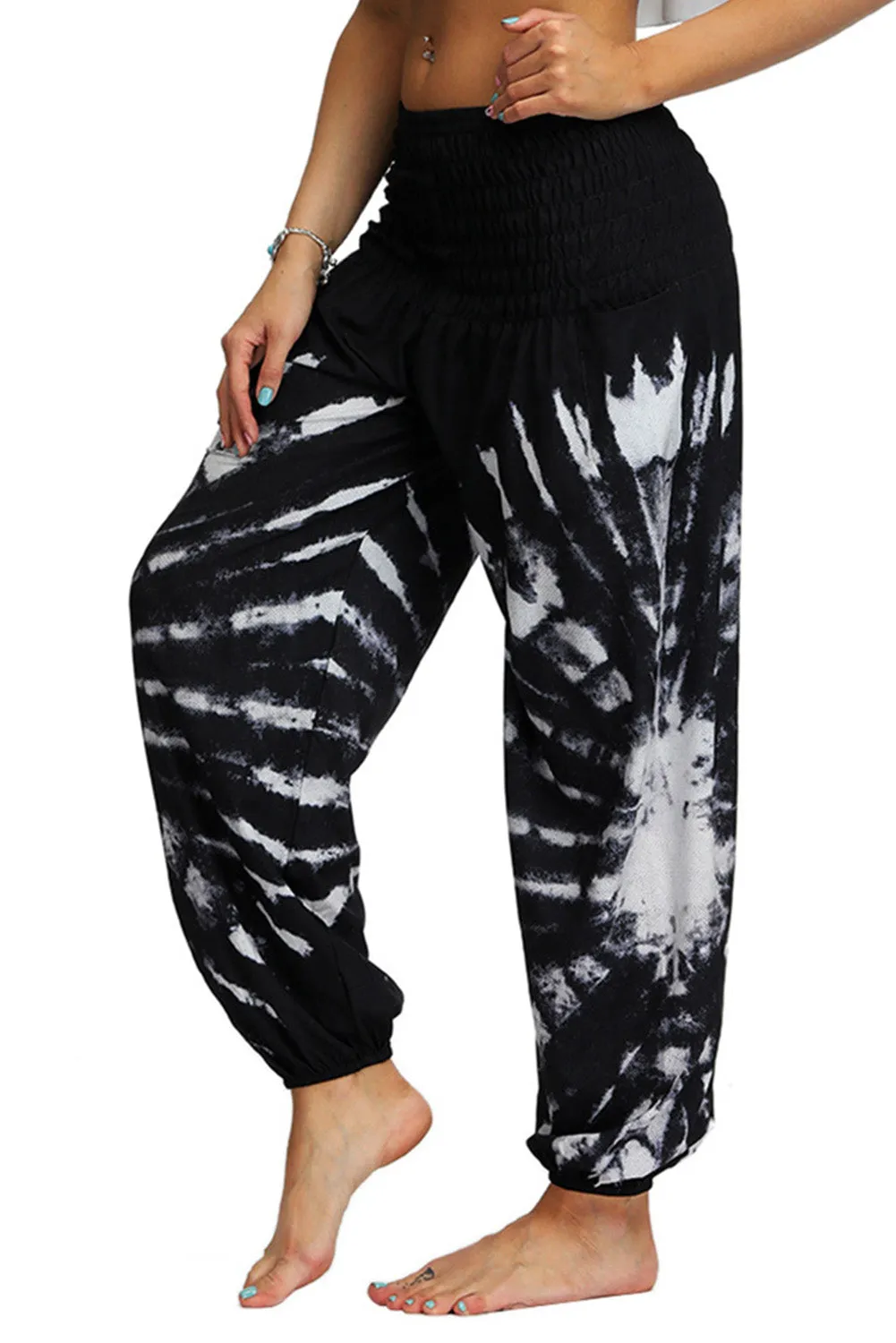 Black Boho Tie Dye Print Harem Pants