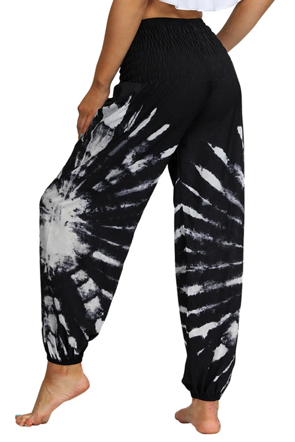 Black Boho Tie Dye Print Harem Pants