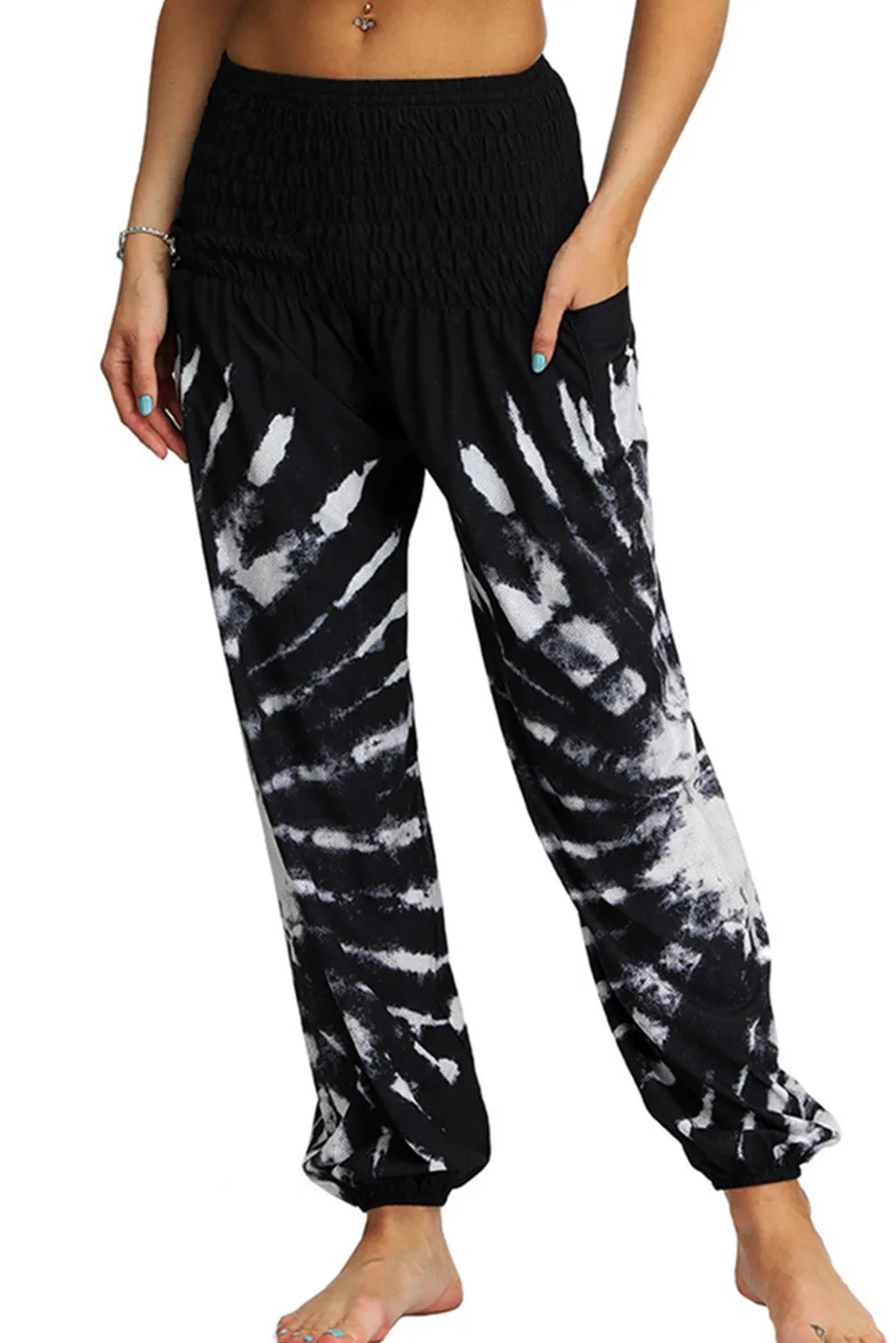 Black Boho Tie Dye Print Harem Pants