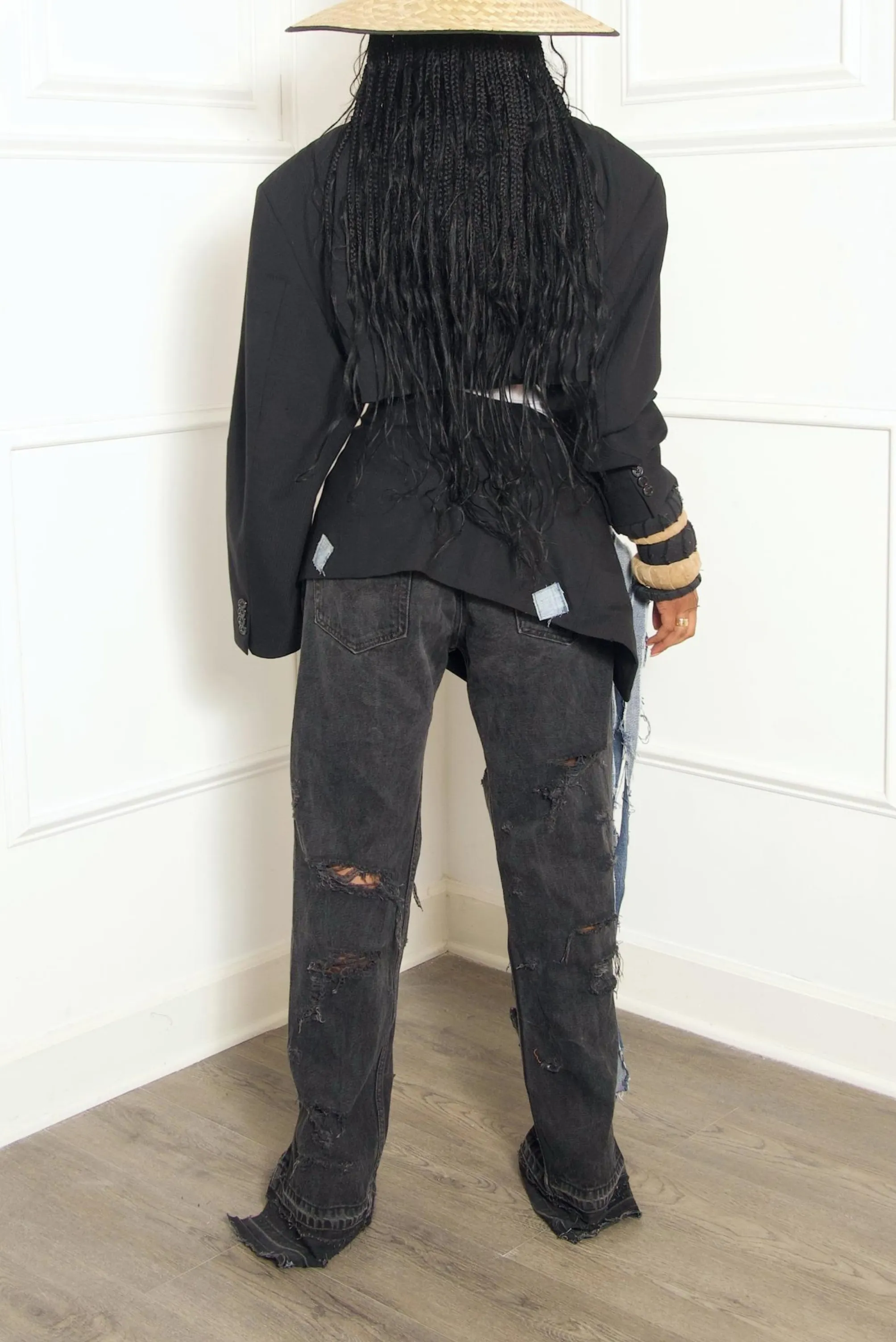 Black patchwork  Vintage Two piece suit Denim fringe