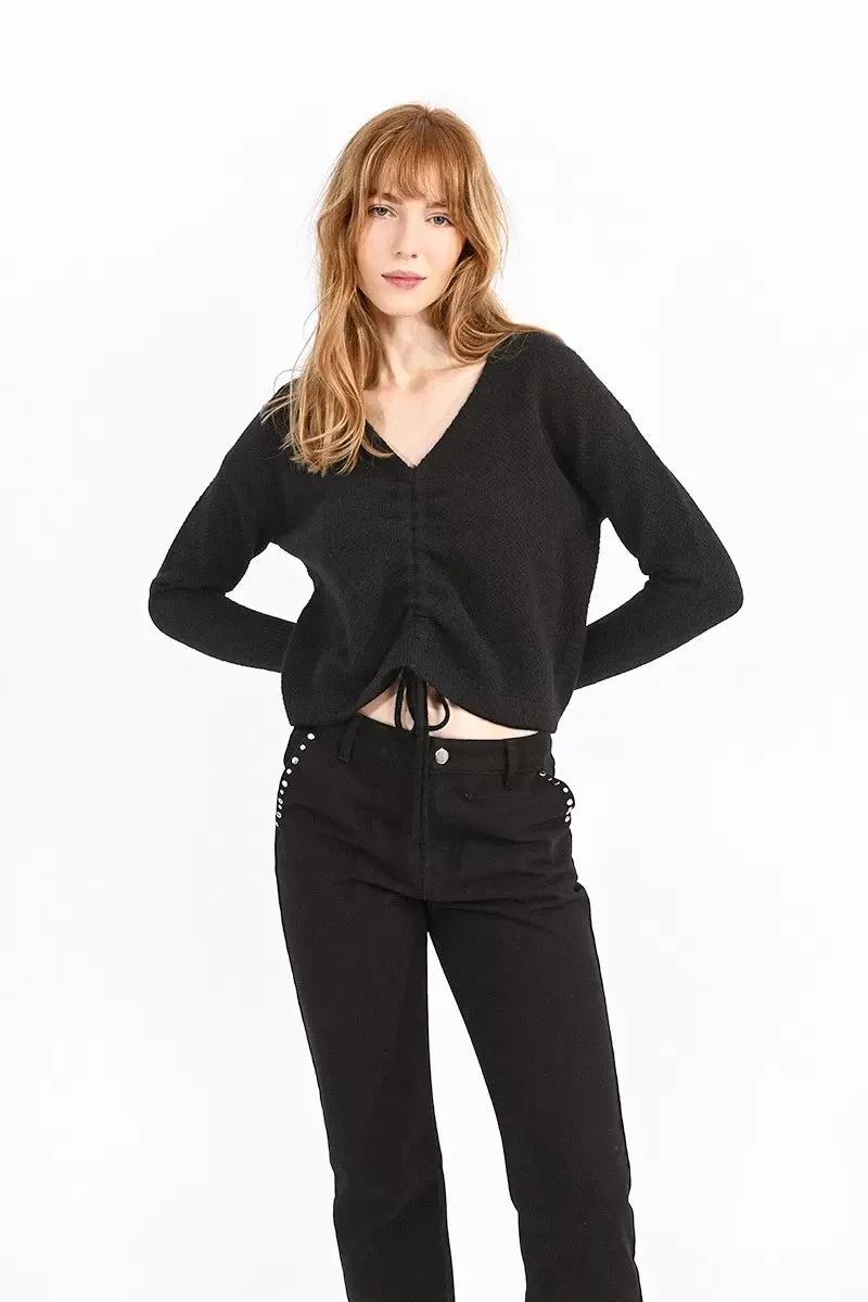 Black Ruched V-Neck Sweater