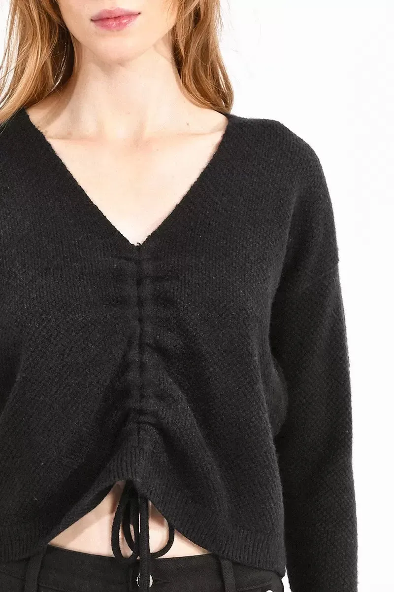 Black Ruched V-Neck Sweater