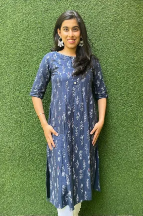 Blue A-line Cotton Block Printed Kurti