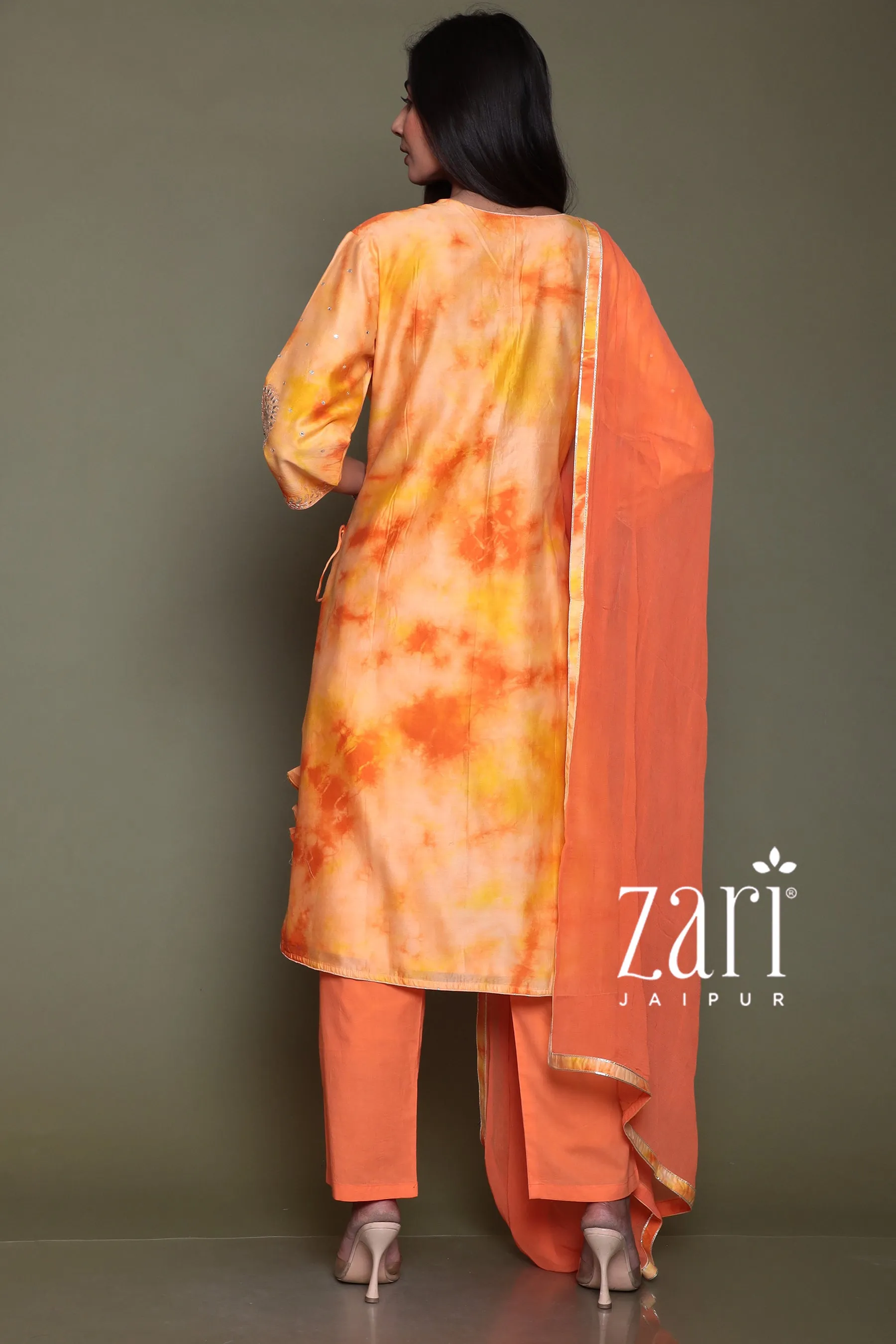 Chanderi silk  Suit with Aari, Gota Patti, Mirror work.