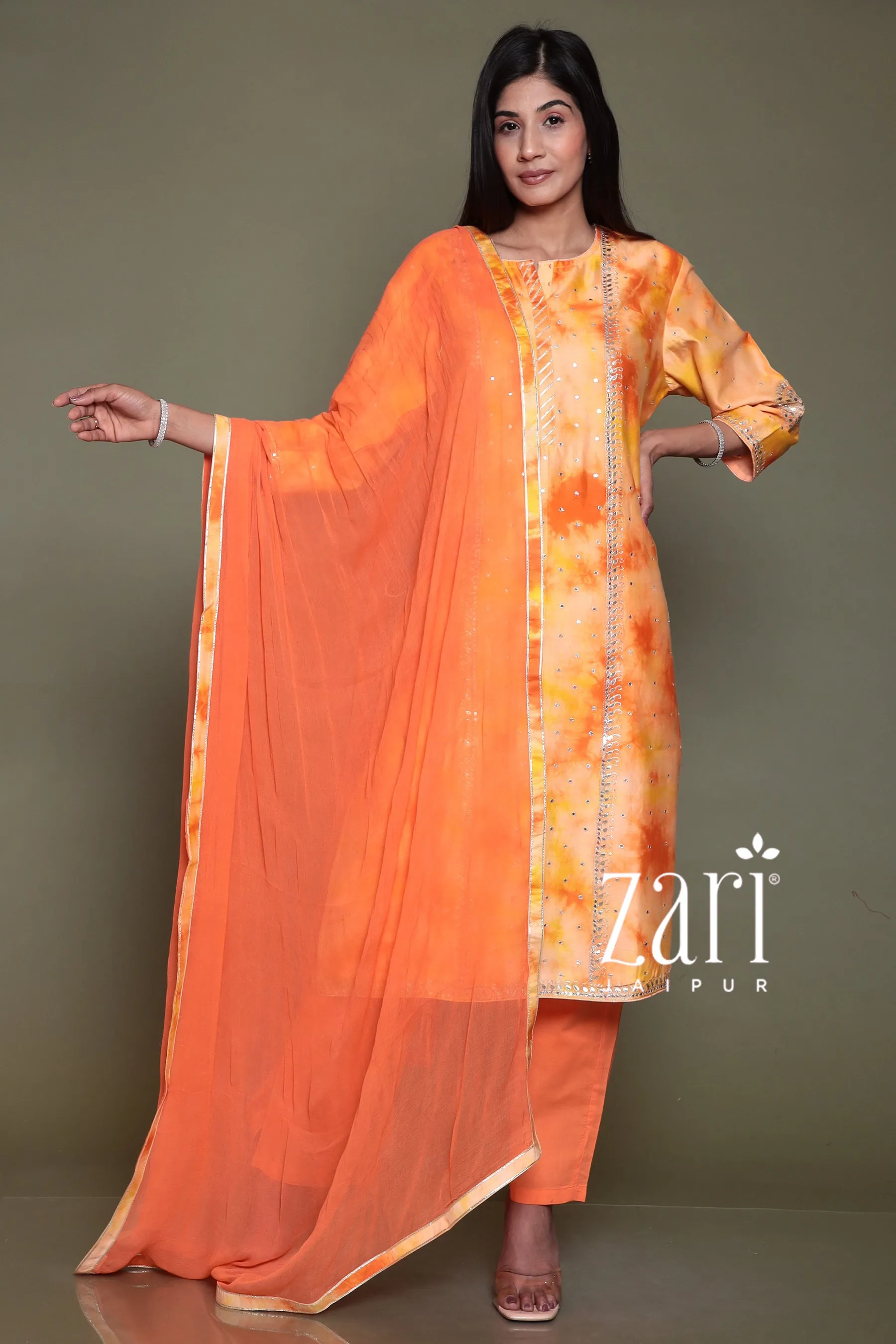 Chanderi silk  Suit with Aari, Gota Patti, Mirror work.