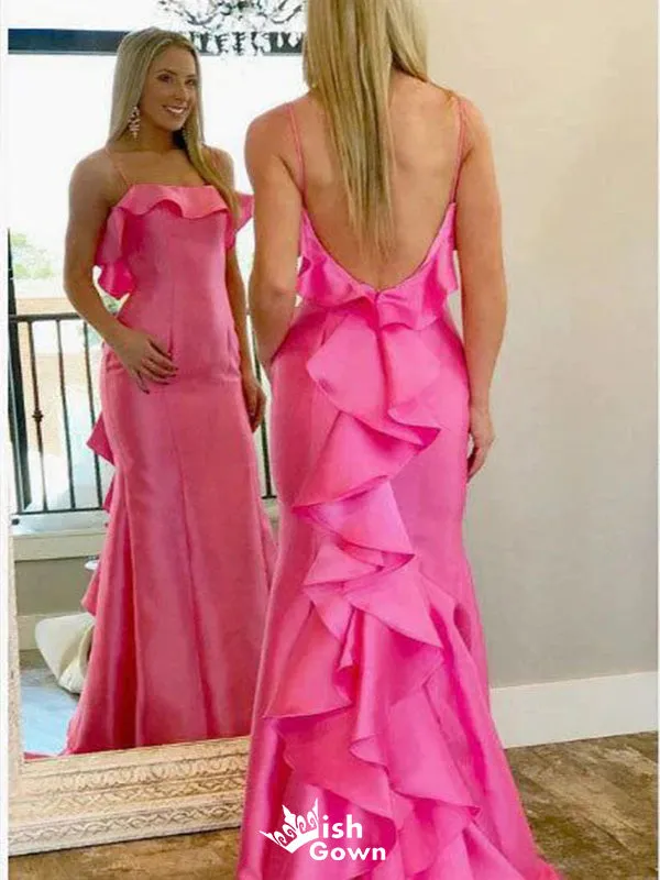 Charming Pink Mermaid Spaghetti Strap Square Backless Ruffle Detail Maxi Dress - Affordable Long Evening Gown for Parties and Proms, Model WGP448