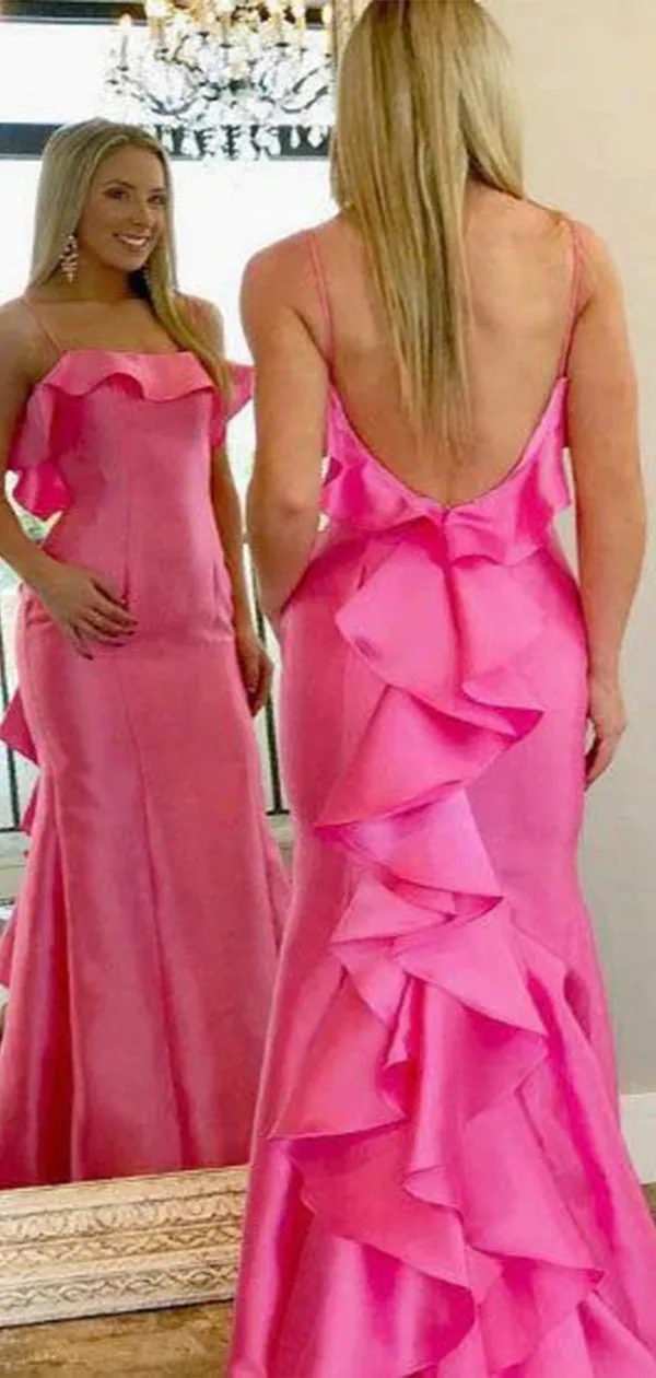 Charming Pink Mermaid Spaghetti Strap Square Backless Ruffle Detail Maxi Dress - Affordable Long Evening Gown for Parties and Proms, Model WGP448