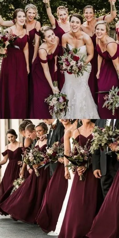 Chiffon Dark Red Spaghetti Straps Long Cheap Bridesmaid Dresses Online, WG676