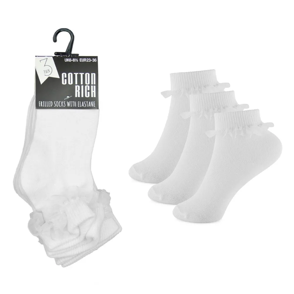 Childrens 3 Pack White Frilly Ankle Socks