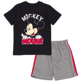 Disney Mickey Mouse Metallic Print T-Shirt and Mesh Shorts Outfit Set