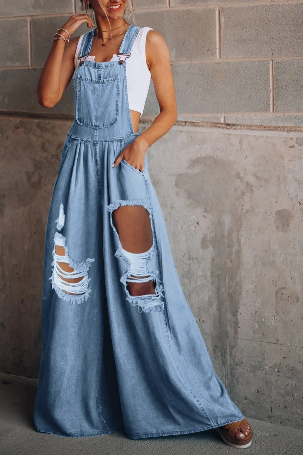 Distressed Wide Leg Denim Overalls (S 0- 2X)