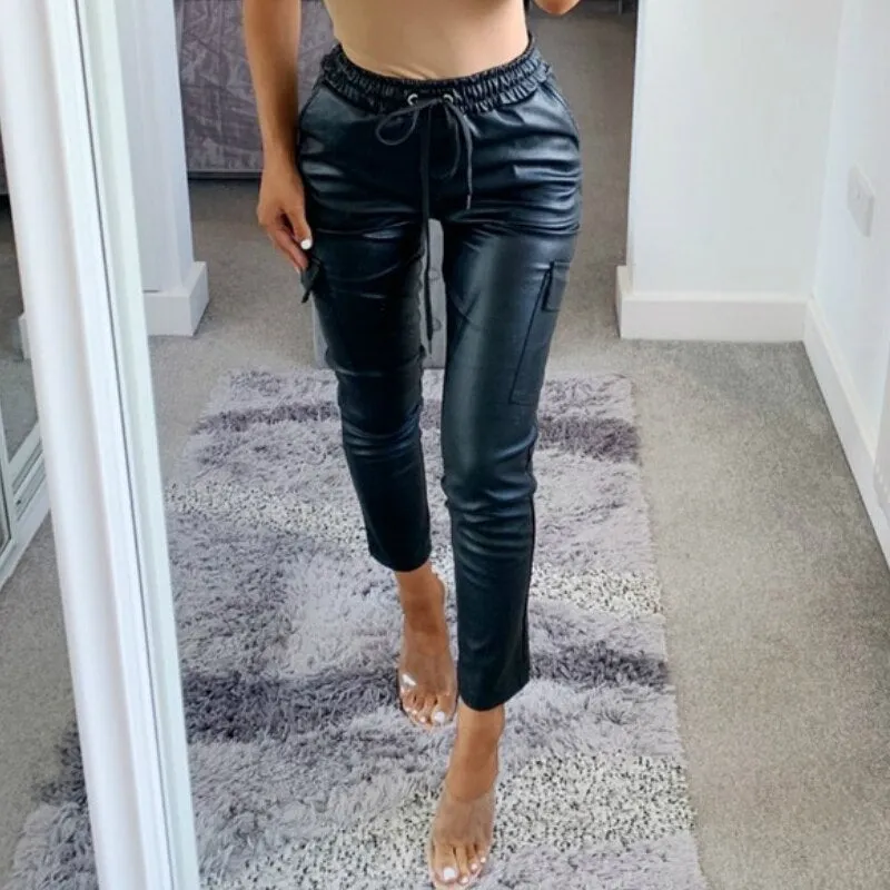 Elastic Solid Drawstring Faux Leather Pants