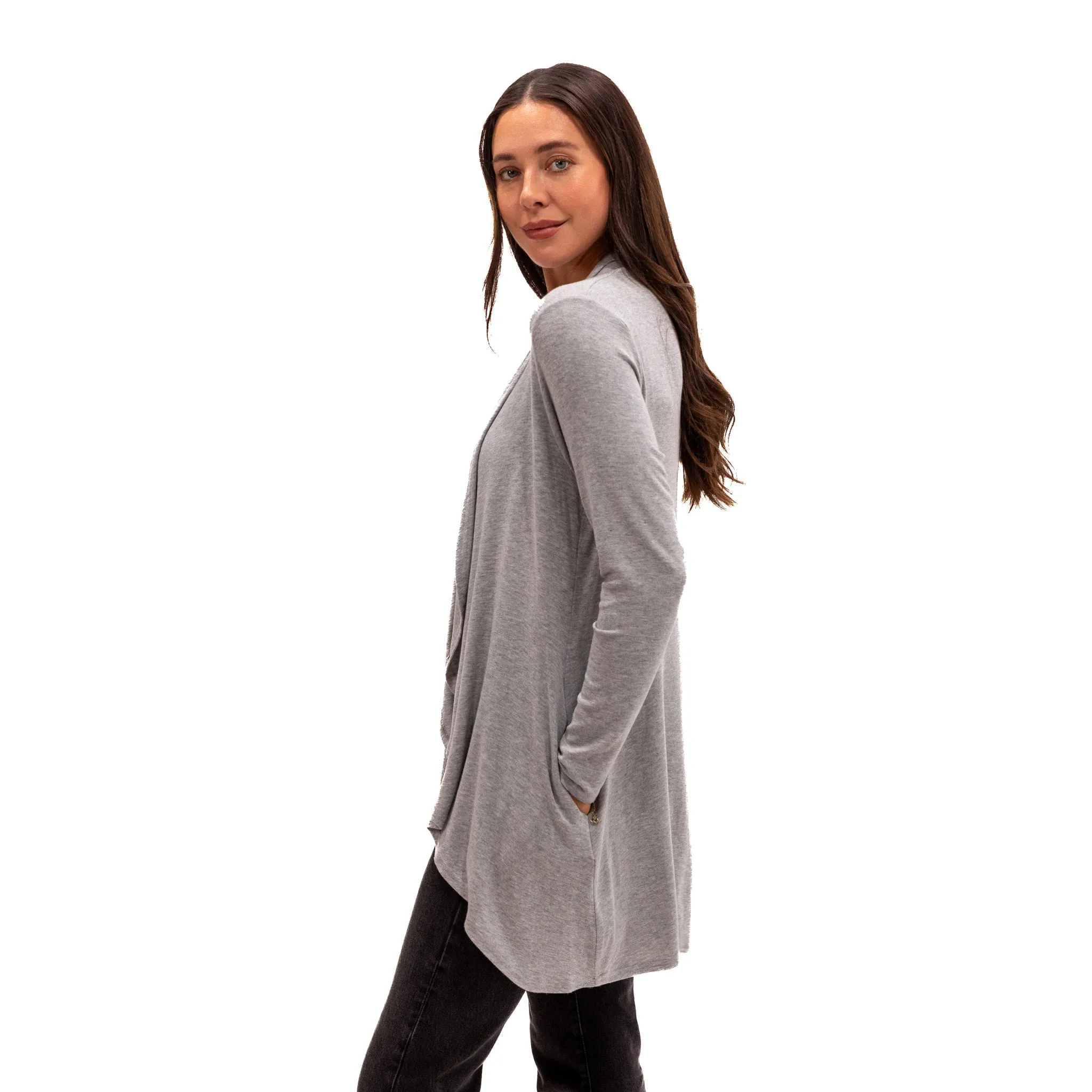 Hampton Open Front Travel Cardigan with Pockets in Eco-Cashmere Heather Gray