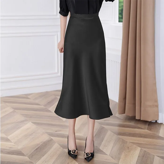 High Waisted Trumpet Hem Flare High Rise Satin Midi Skirt For Thick Thighs