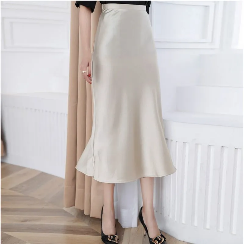 High Waisted Trumpet Hem Flare High Rise Satin Midi Skirt For Thick Thighs