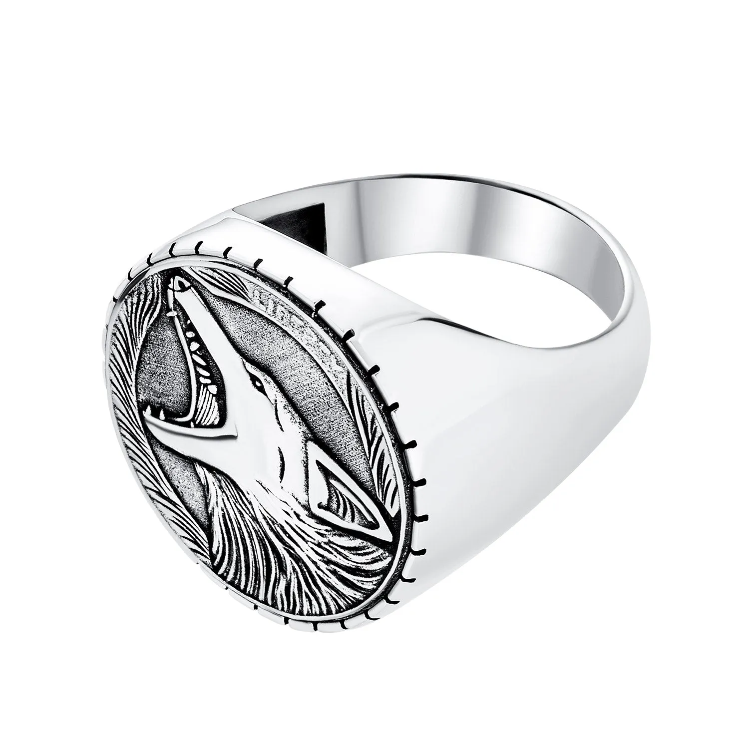 Hunter Wild Animal Mens Wolf Signet Coin Ring Oxidized .925 Sterling Silver