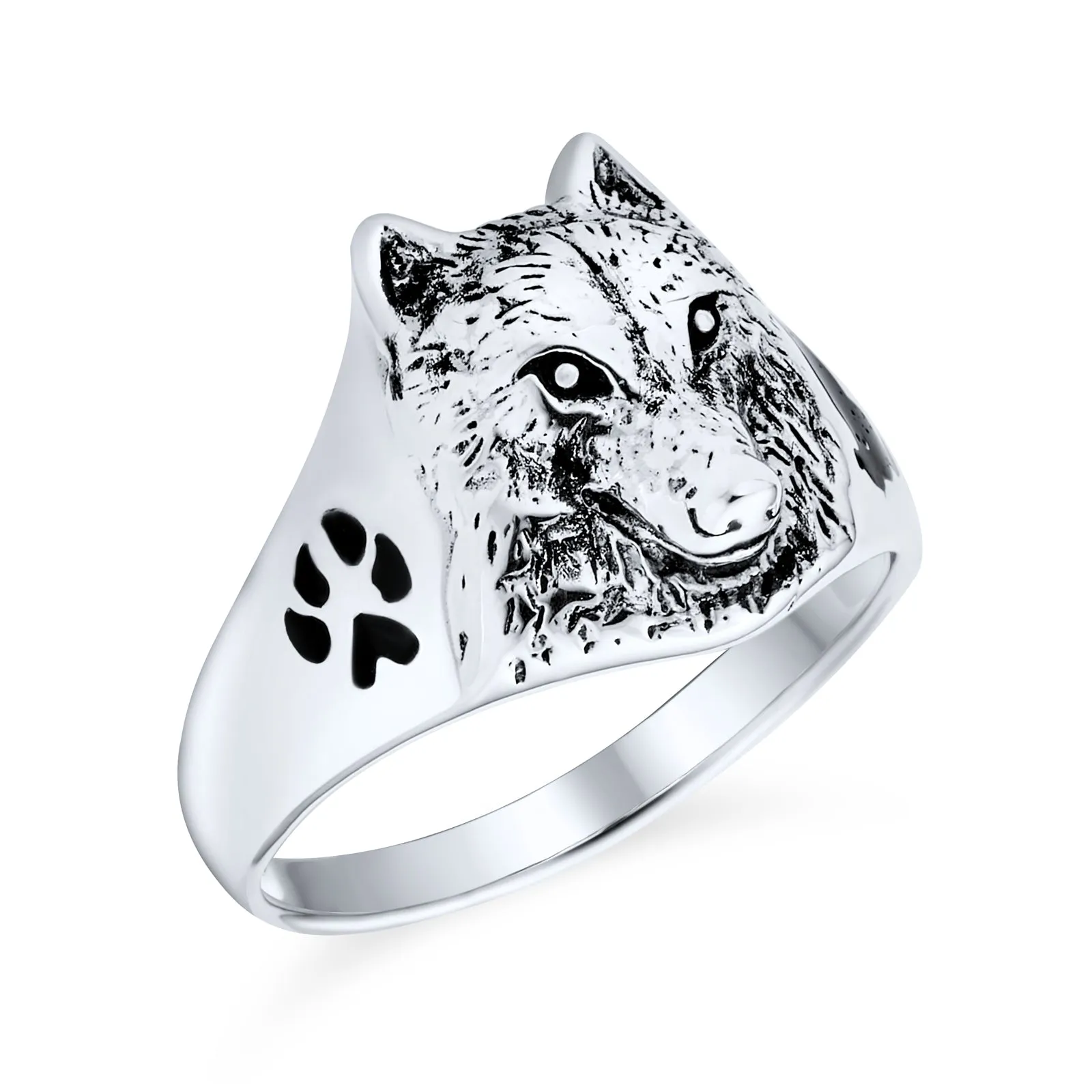 Hunter Wild Animal Mens Wolf Signet Coin Ring Oxidized .925 Sterling Silver