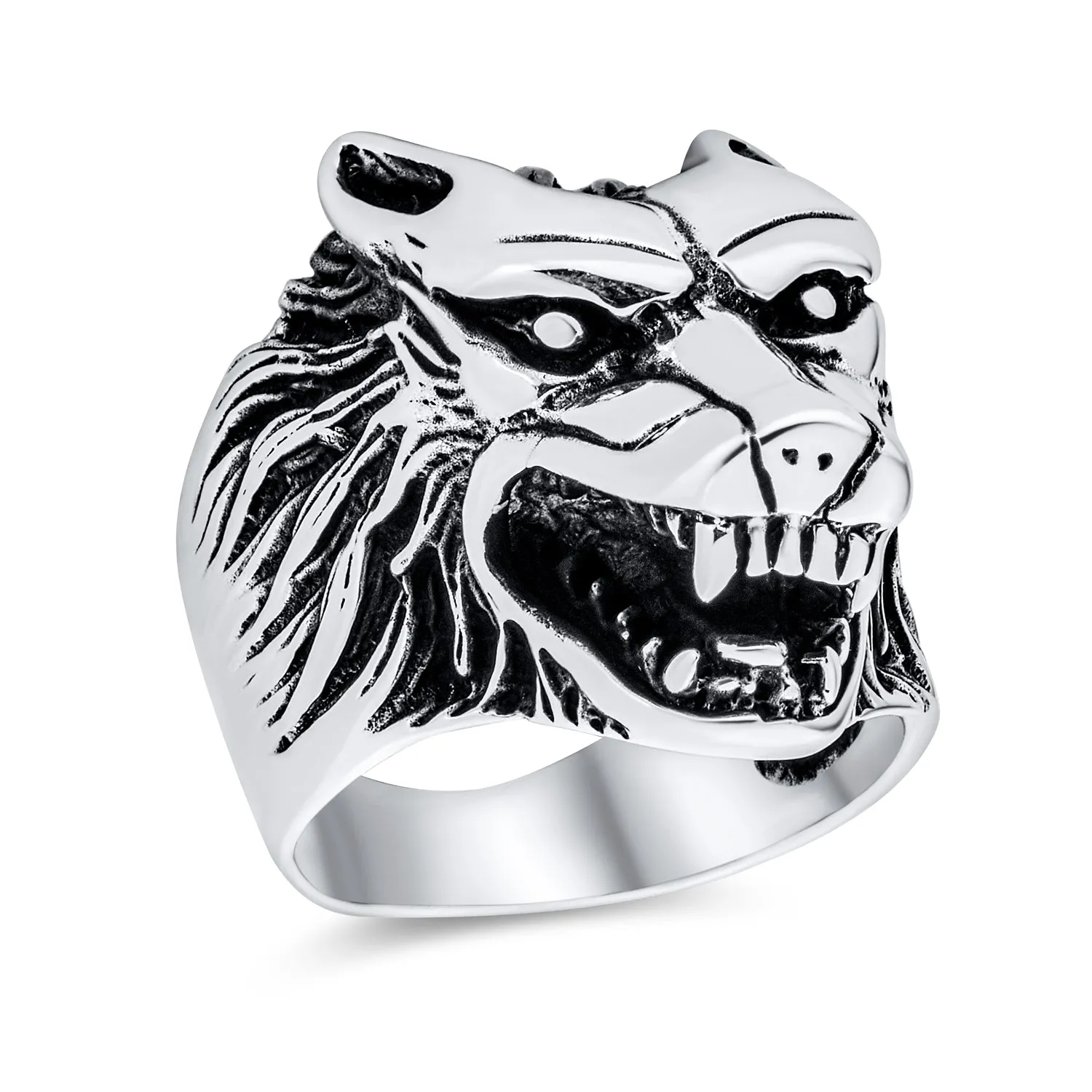 Hunter Wild Animal Mens Wolf Signet Coin Ring Oxidized .925 Sterling Silver