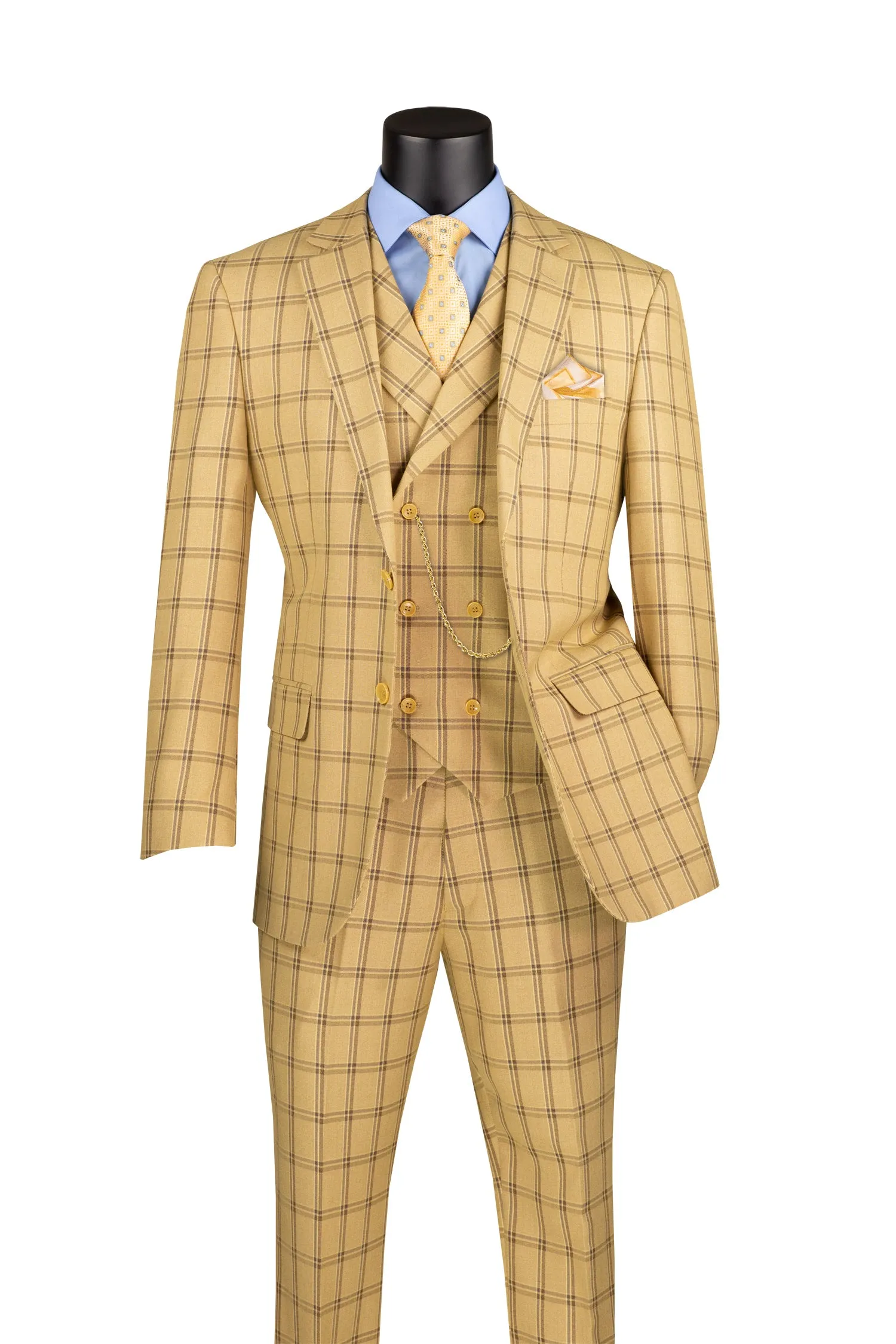 La Scale Collection-Windowpane Three Piece Suit - Tan