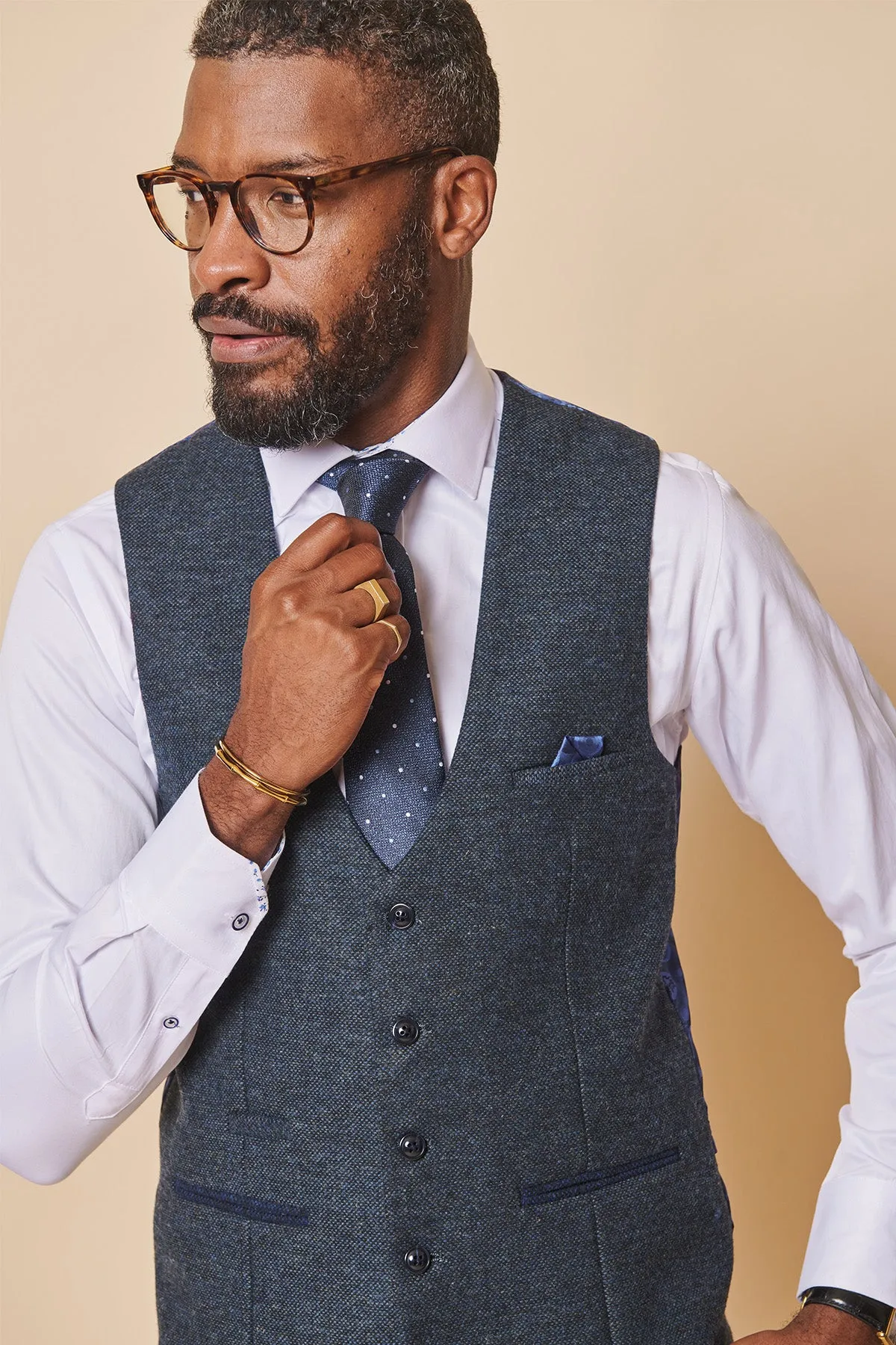 MARLOW - Blue Tweed Single Breasted Waistcoat