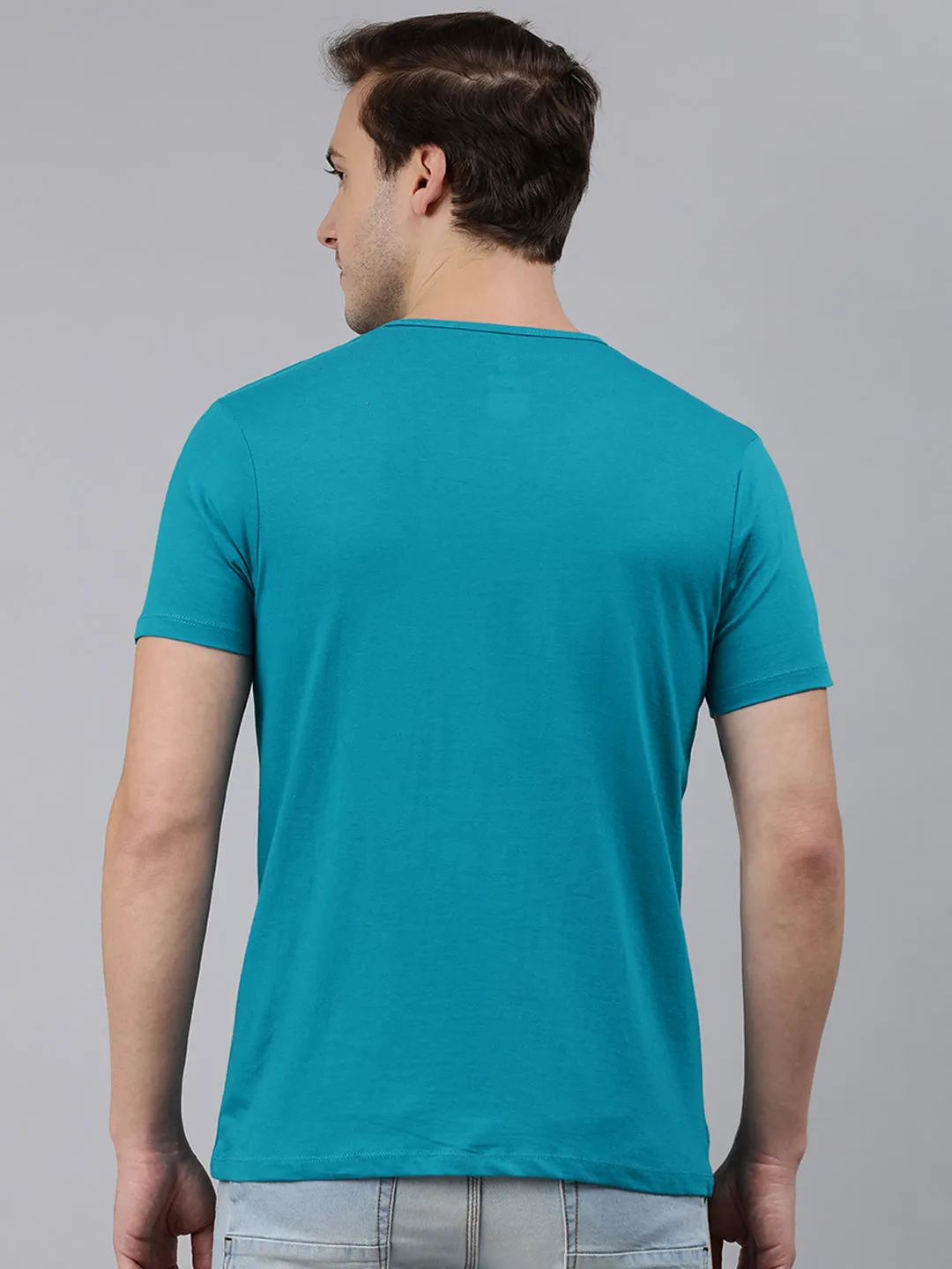 Men's Aqua Blue Solid Henley Neck Slim Fit Half Sleeve Cotton T-Shirt