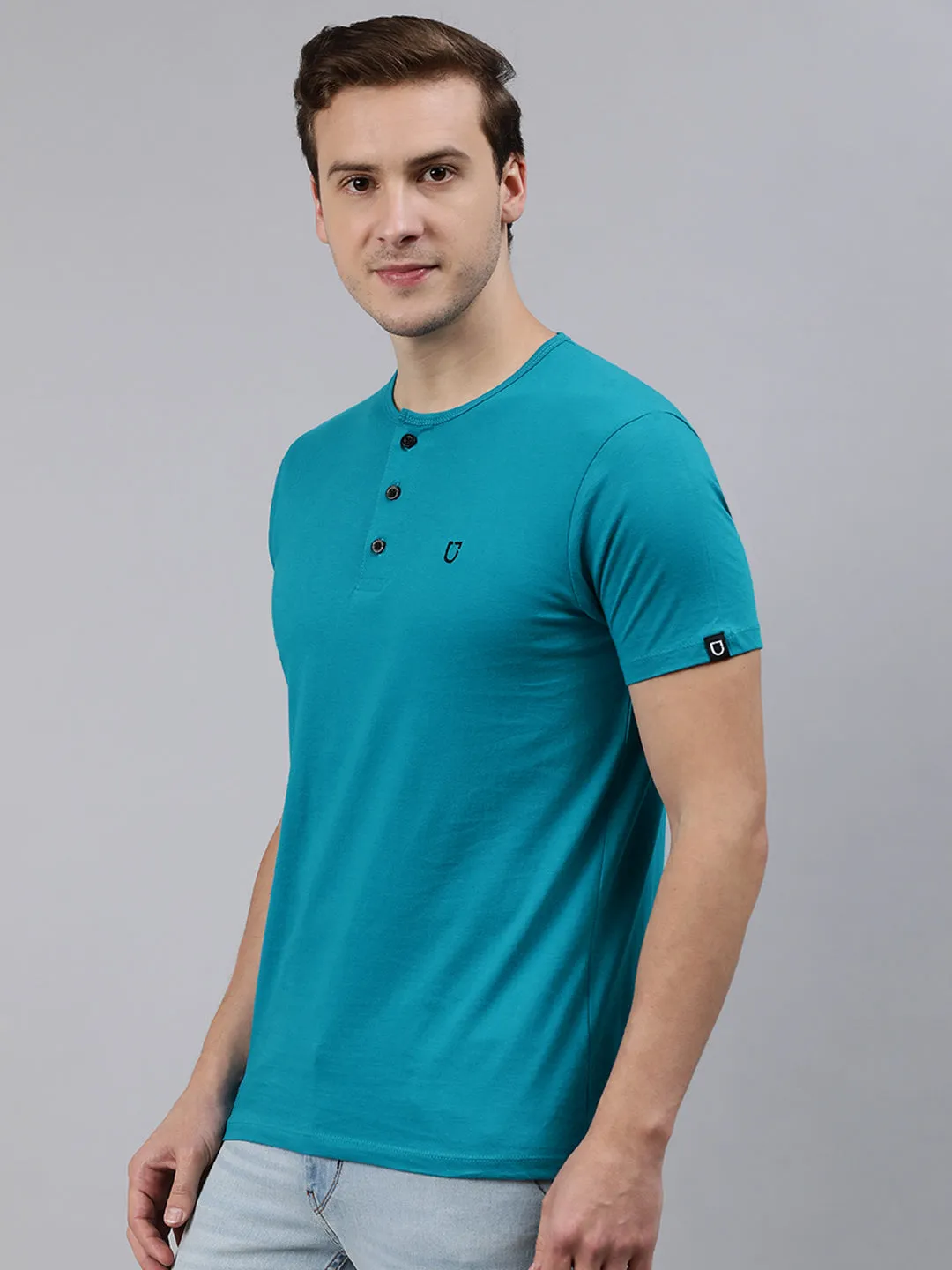 Men's Aqua Blue Solid Henley Neck Slim Fit Half Sleeve Cotton T-Shirt