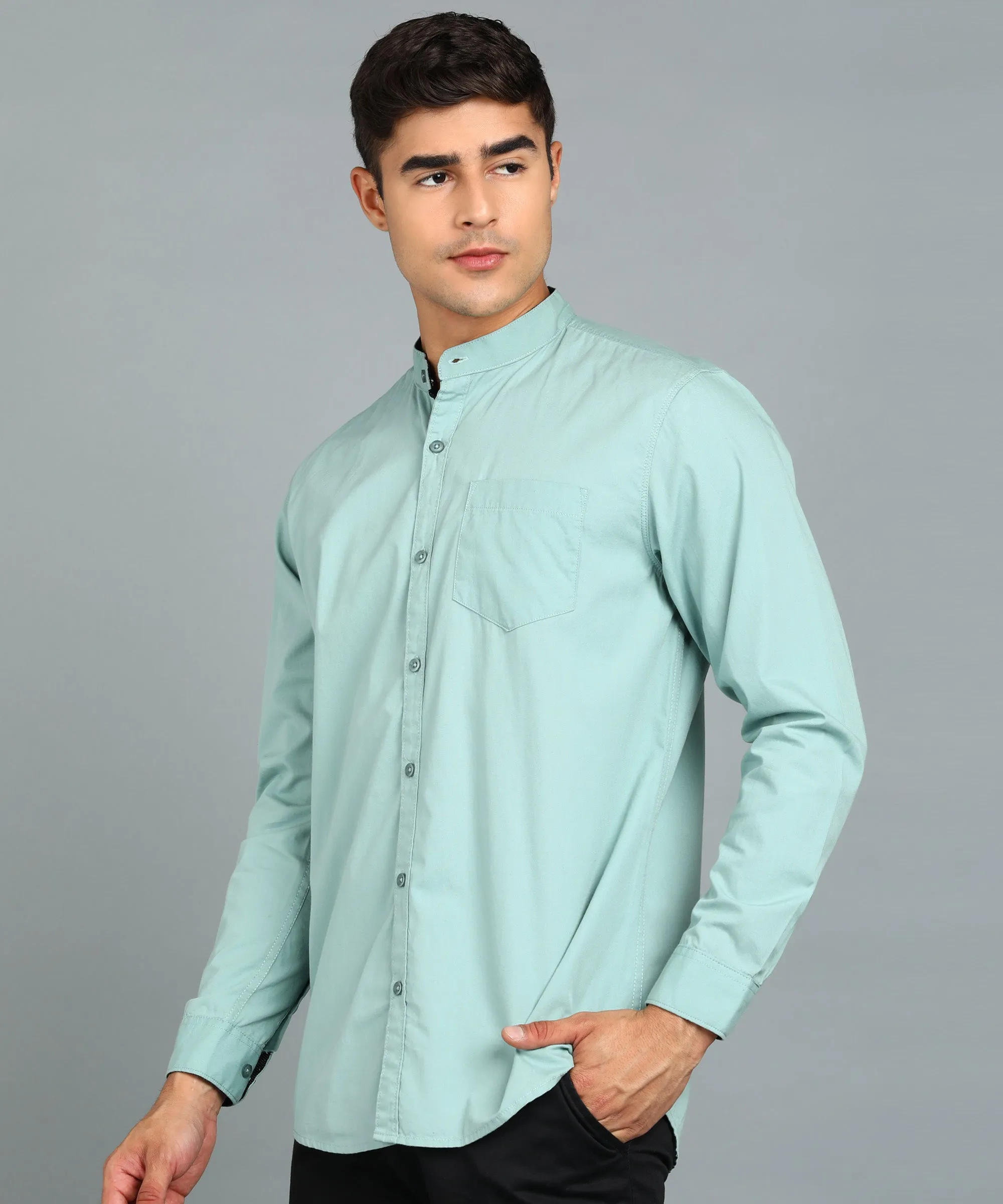 Men's Blue Cotton Full Sleeve Slim Fit Solid Shirt with Mandarin Collar