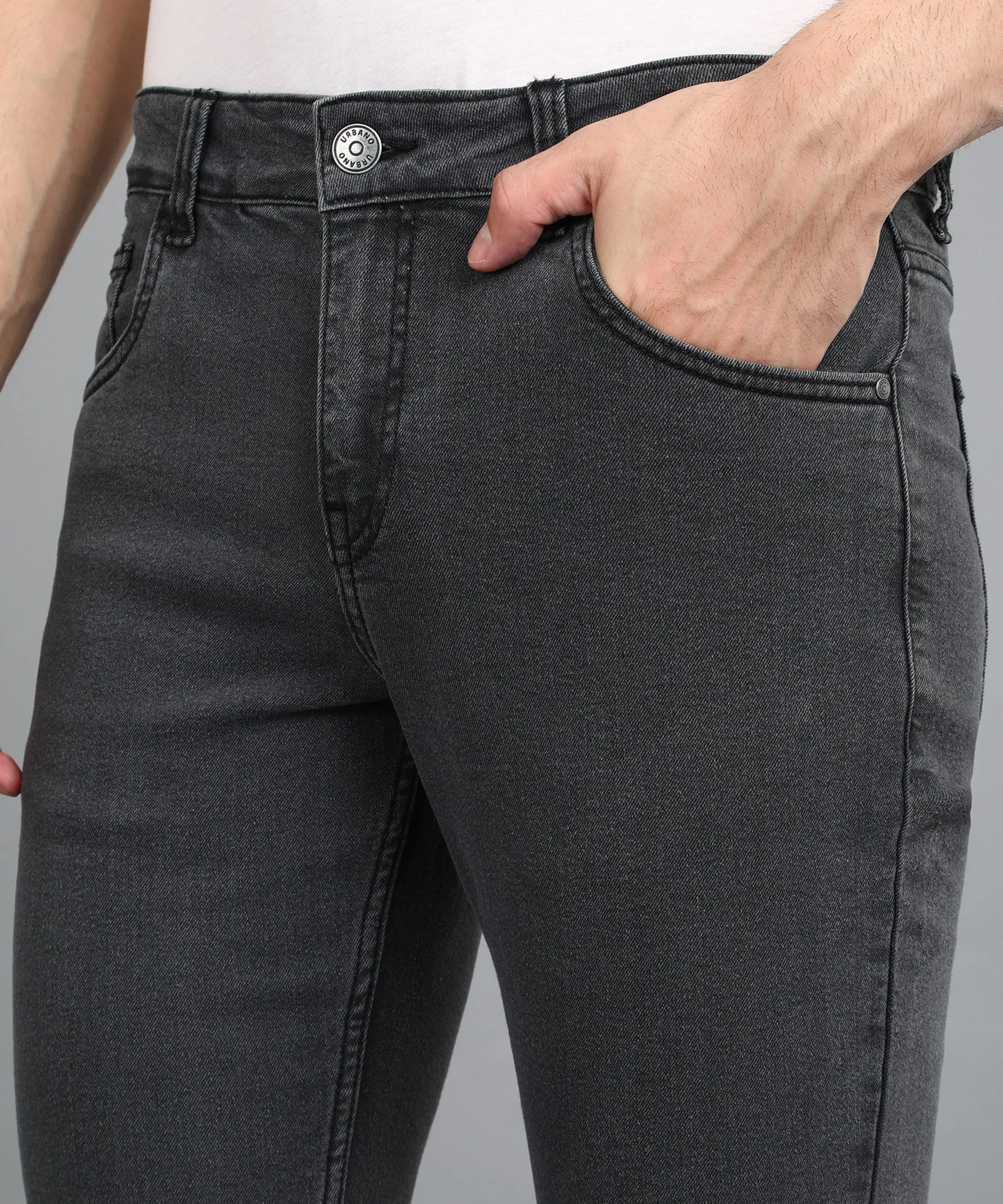 Men's Carbon Grey Regular Fit Washed Jeans Stretchable