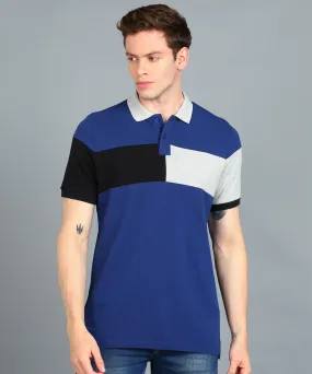 Men's Dark Blue, Black, Grey Melange Colour-Block Slim Fit Half Sleeve Cotton Polo T-Shirt