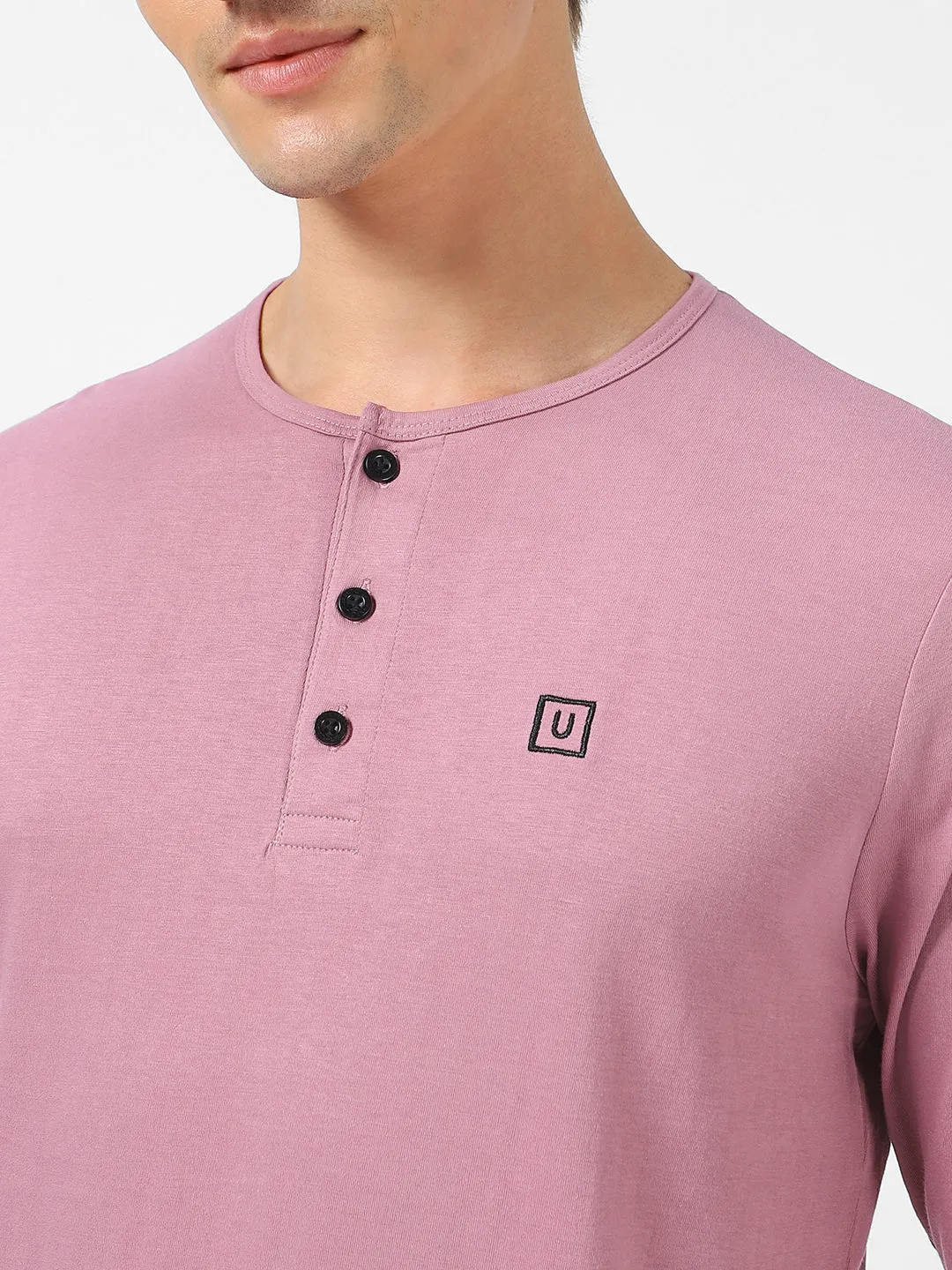 Men's Lilac Solid Henley Neck Slim Fit Full Sleeve Cotton T-Shirt