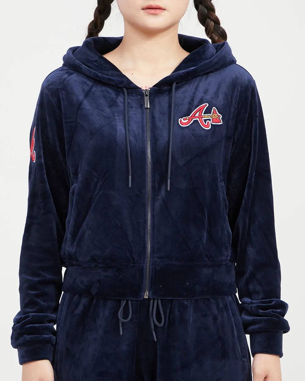 MLB ATLANTA BRAVES CLASSIC WOMEN'S VELOUR FZ PO HOODIE (MIDNIGHT NAVY)