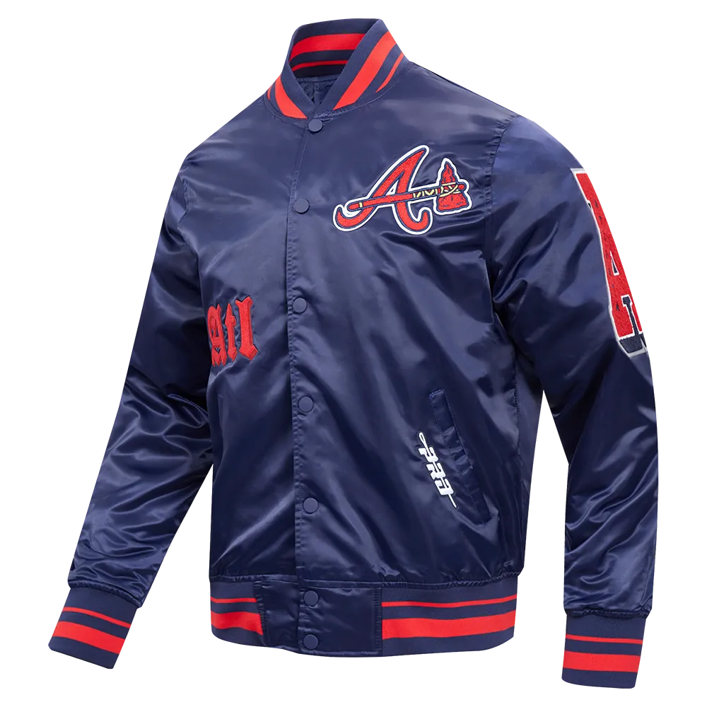 MLB ATLANTA BRAVES OLD ENGLISH MEN'S RIB SATIN JACKET (MIDNIGHT NAVY/RED/MIDNIGHT NAVY)