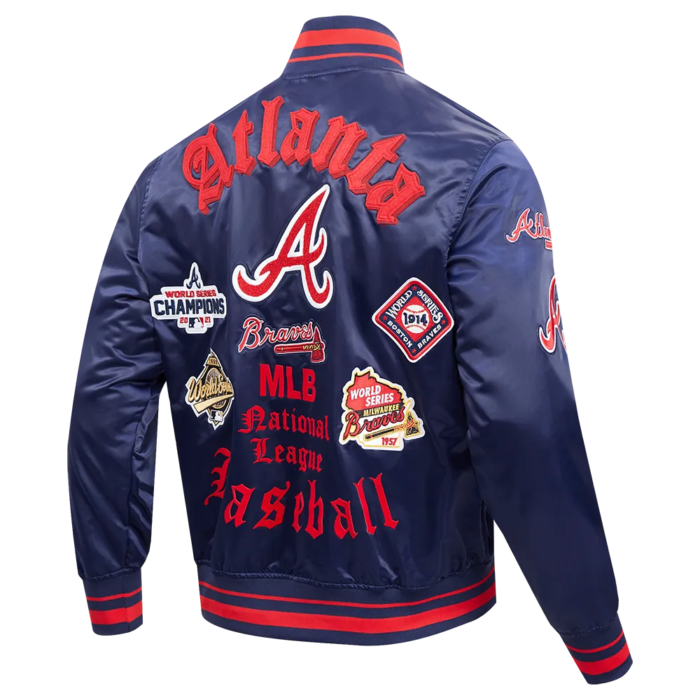 MLB ATLANTA BRAVES OLD ENGLISH MEN'S RIB SATIN JACKET (MIDNIGHT NAVY/RED/MIDNIGHT NAVY)