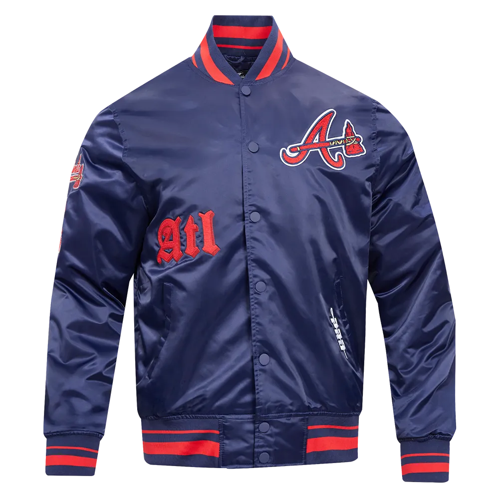 MLB ATLANTA BRAVES OLD ENGLISH MEN'S RIB SATIN JACKET (MIDNIGHT NAVY/RED/MIDNIGHT NAVY)