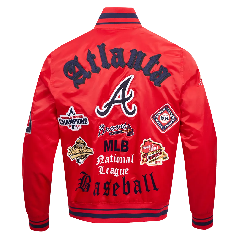 MLB ATLANTA BRAVES OLD ENGLISH MEN'S RIB SATIN JACKET (RED/MIDNIGHT NAVY/RED)