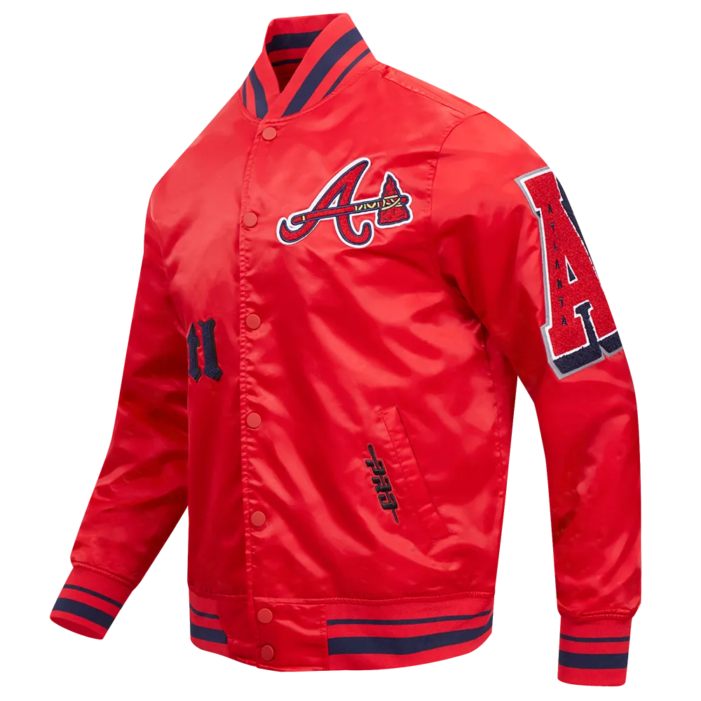 MLB ATLANTA BRAVES OLD ENGLISH MEN'S RIB SATIN JACKET (RED/MIDNIGHT NAVY/RED)