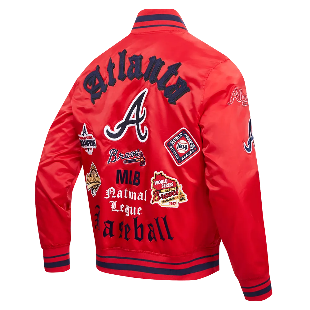 MLB ATLANTA BRAVES OLD ENGLISH MEN'S RIB SATIN JACKET (RED/MIDNIGHT NAVY/RED)