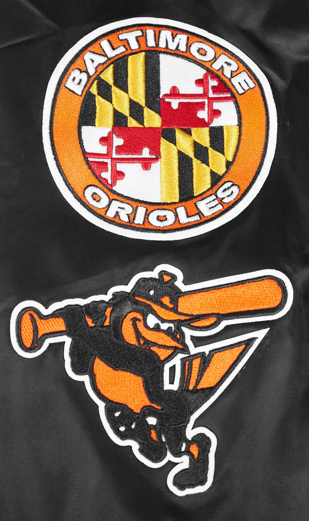 MLB BALTIMORE ORIOLES OLD ENGLISH MEN'S RIB SATIN JACKET (BLACK/ORANGE)