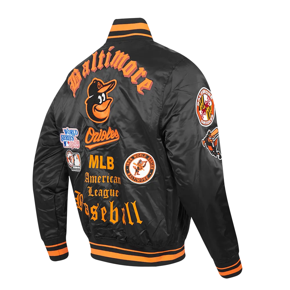 MLB BALTIMORE ORIOLES OLD ENGLISH MEN'S RIB SATIN JACKET (BLACK/ORANGE)