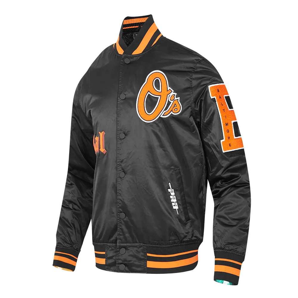 MLB BALTIMORE ORIOLES OLD ENGLISH MEN'S RIB SATIN JACKET (BLACK/ORANGE)